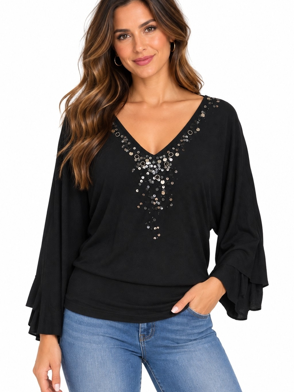 Lane Bryant Black V-Neck Sequin Accent Blouse